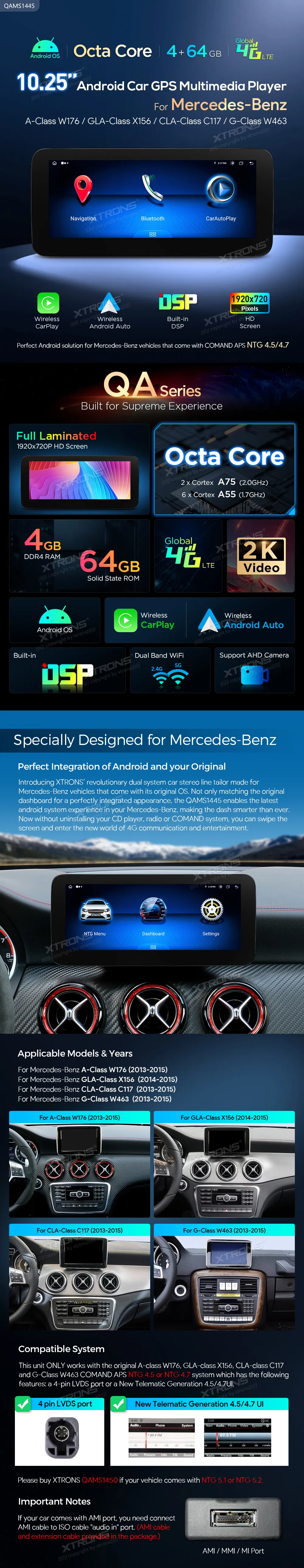 MB A / GLA / CLA / G NTG 4.5/4.7 | Android OS | 10.25 inch | 4GB/64GB/8Core | Multimedija Xtrons QAMS1445