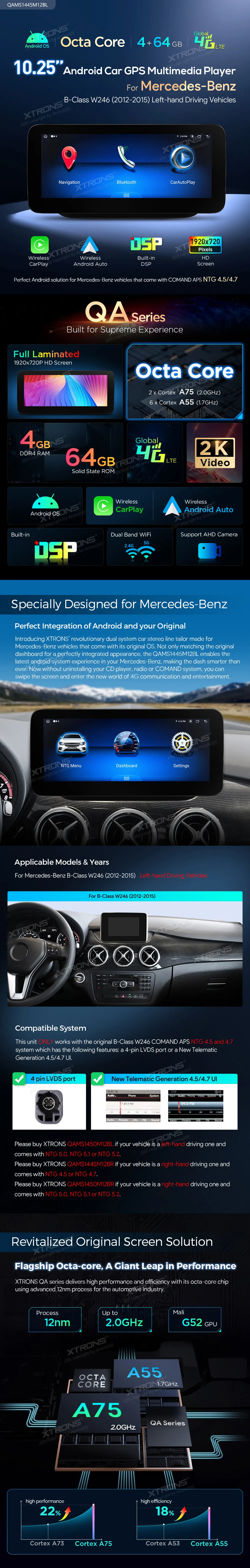 Mercedes-Benz B W246 NTG 4.5/4.7 | Android OS | 10.25 inch | 4GB/64GB/8Core | Multimedija Xtrons QAMS1445M12BL