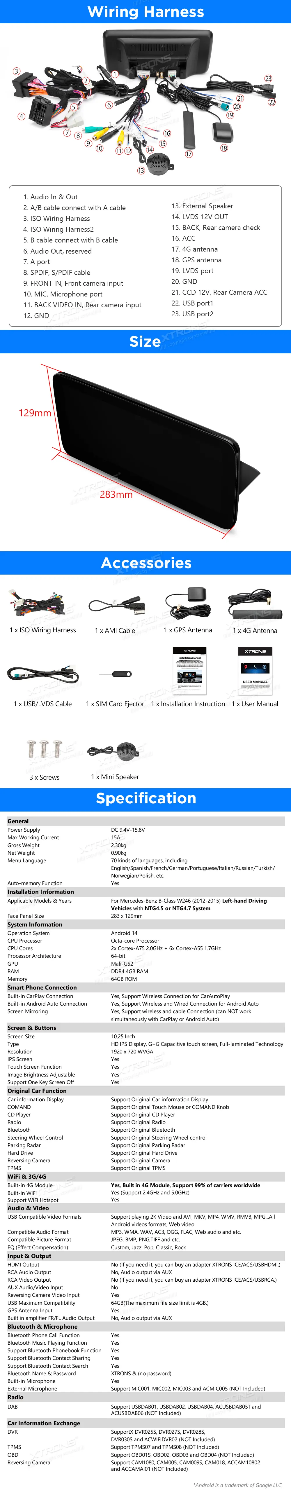 Mercedes-Benz B W246 NTG 4.5/4.7 | Android OS | 10.25 inch | 4GB/64GB/8Core | Multimedija Xtrons QAMS1445M12BL