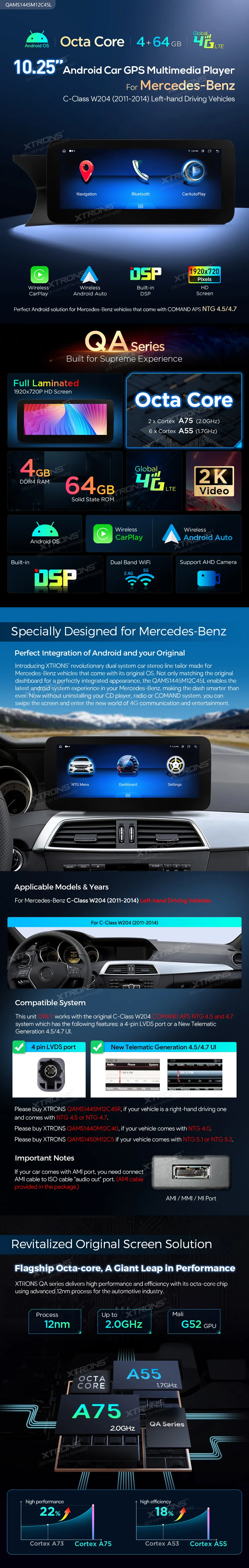 Mercedes-Benz C W204 NTG 4.5/4.7 | Android OS | 10.25 inch | 4GB/64GB/8Core | Multimedija Xtrons QAMS1445M12C45L