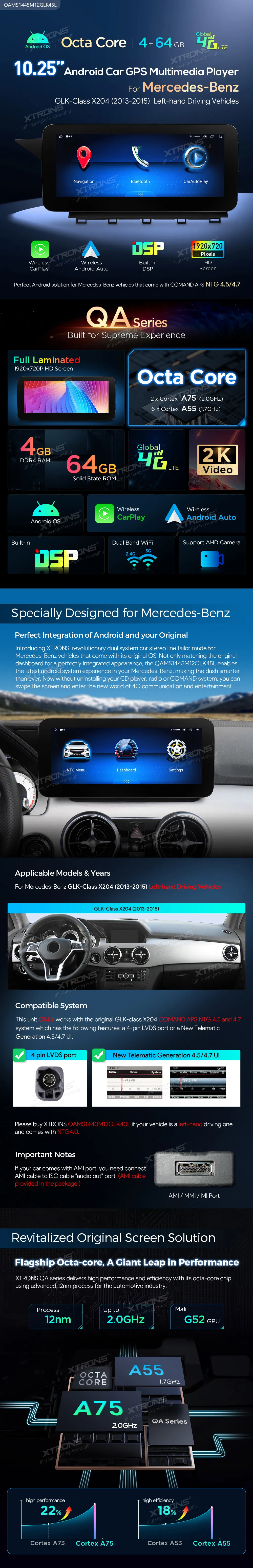 Mercedes-Benz GLK X204 NTG 4.5/4.7 | Android 14 | 10.25 inch | 4GB/64GB/8Core | Multimedija Xtrons QAMS1445M12GLK45L