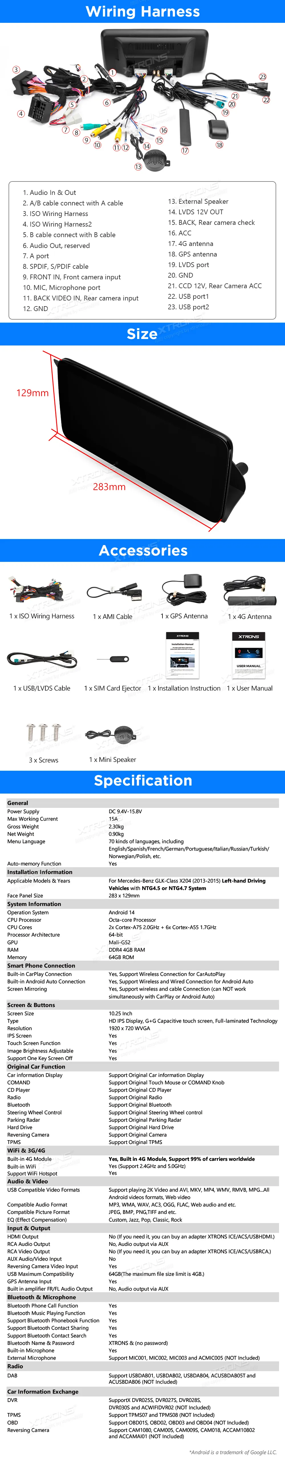Mercedes-Benz GLK X204 NTG 4.5/4.7 | Android 14 | 10.25 inch | 4GB/64GB/8Core | Multimedija Xtrons QAMS1445M12GLK45L