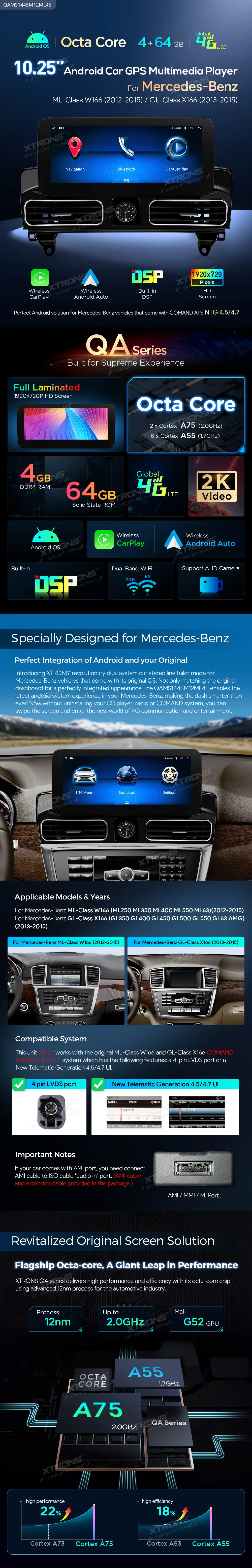 MB ML W166 / GL X166 NTG 4.5/4.7 | Android 14 | 10.25 inch | 4GB/64GB/8Core | Multimedija Xtrons QAMS1445M12ML45