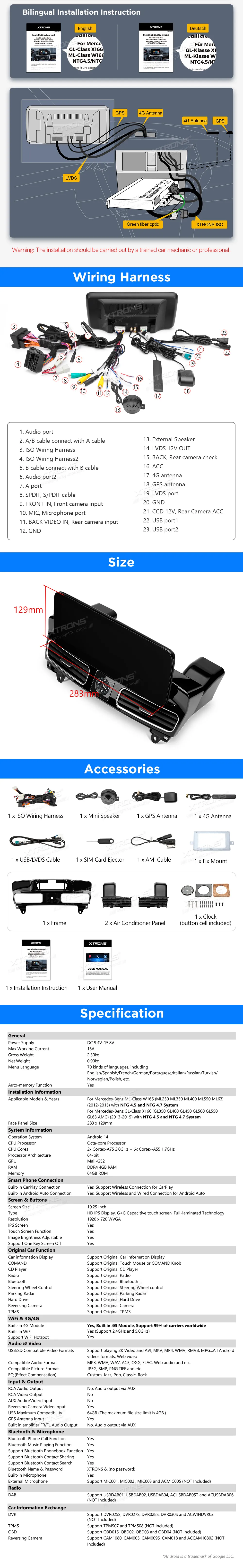 MB ML W166 / GL X166 NTG 4.5/4.7 | Android 14 | 10.25 inch | 4GB/64GB/8Core | Multimedija Xtrons QAMS1445M12ML45