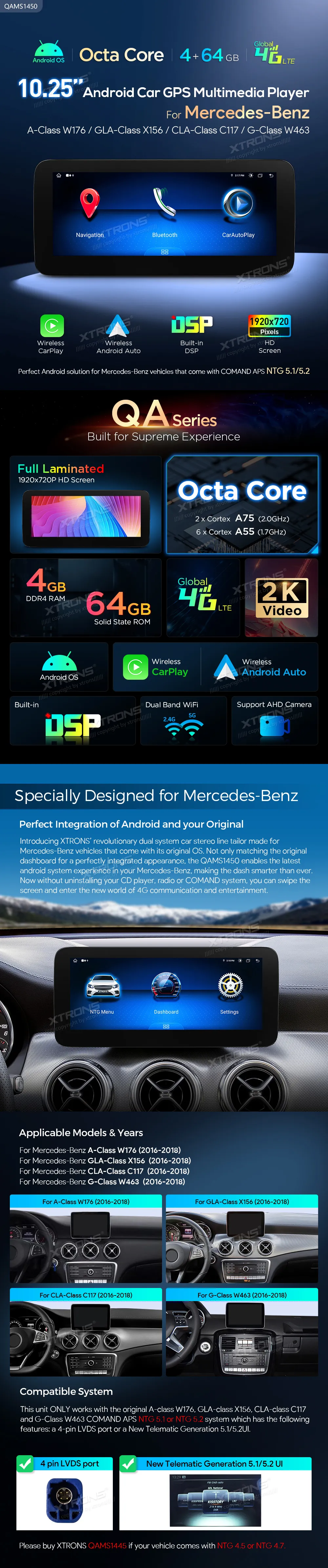 MB A / GLA / CLA / G NTG 5.0/5.1/5.2 | Android 14 | 10.25 inch | 4GB/64GB/8Core | Multimedija Xtrons QAMS1450