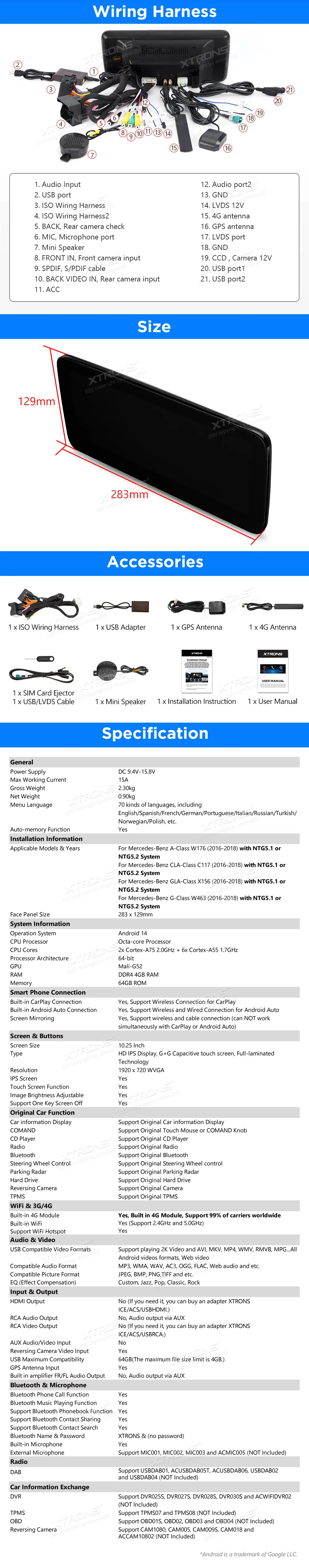 MB A / GLA / CLA / G NTG 5.0/5.1/5.2 | Android 14 | 10.25 inch | 4GB/64GB/8Core | Multimedija Xtrons QAMS1450