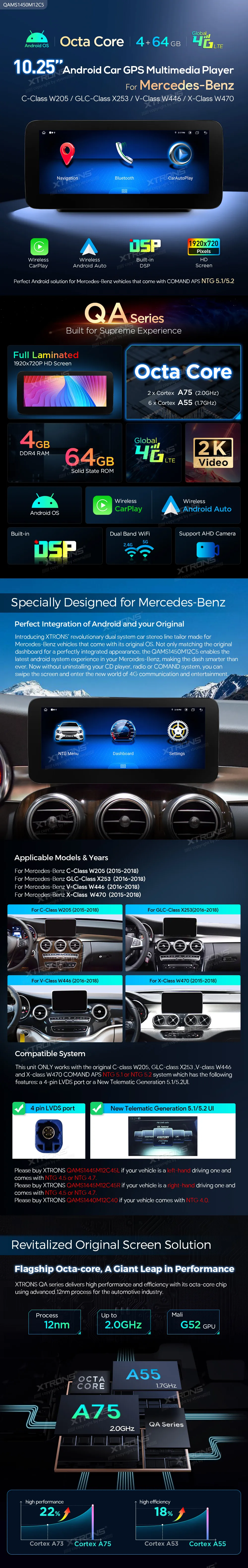 MB C/ GLC / V / X NTG 5.0/5.1/5.2 | Android 14 | 10.25 inch | 4GB/64GB/8Core | Multimedija Xtrons QAMS1450M12C5