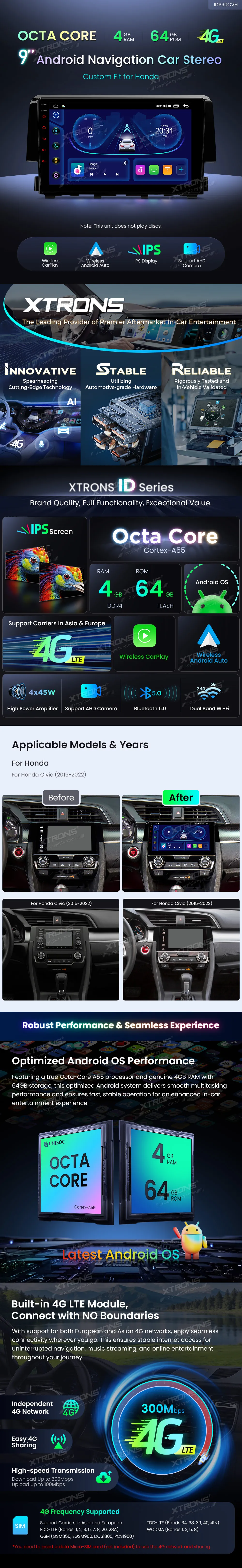 Honda Civic 2015-2022 | Android OS | 9 inch | 4GB/64GB/8Core | Multimedija Xtrons IDP90CVH