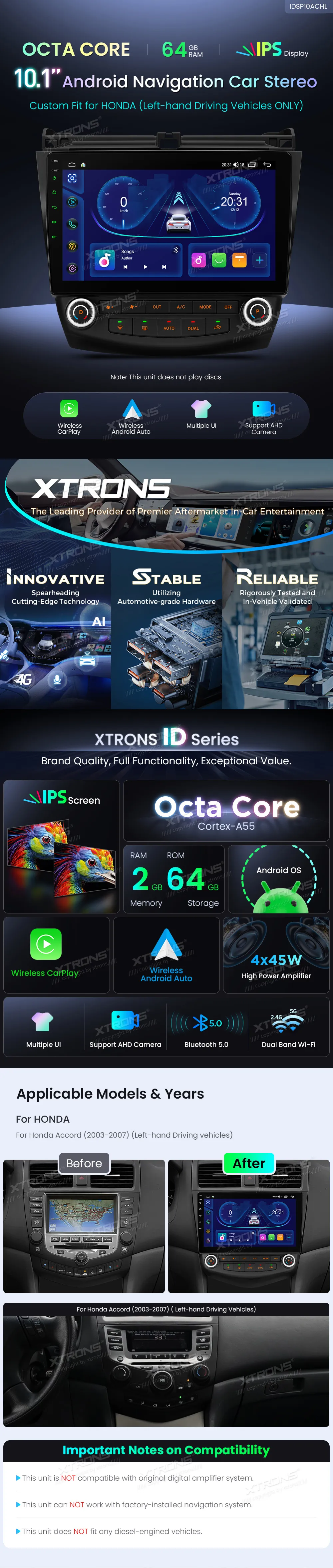 Honda Accord 2003-2007 | Android OS | 10.1 inch | 2GB/64GB/8Core | Multimedija Xtrons IDSP10ACHL