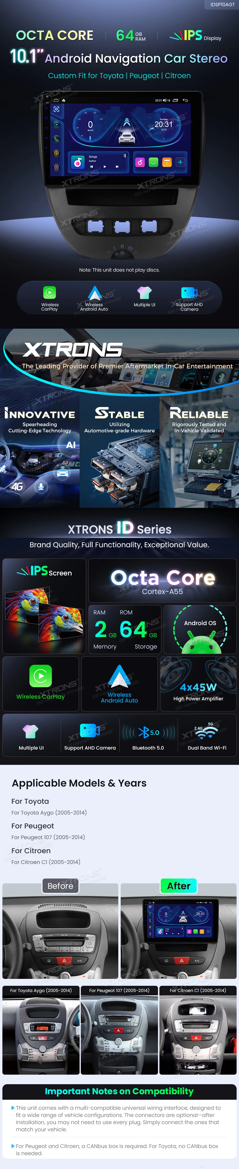 Toyota Aygo / Peugeot 107 / Citroen C1 | Android OS | 10.1 inch | 2GB/64GB/8Core | Multimedija Xtrons IDSP10AGT