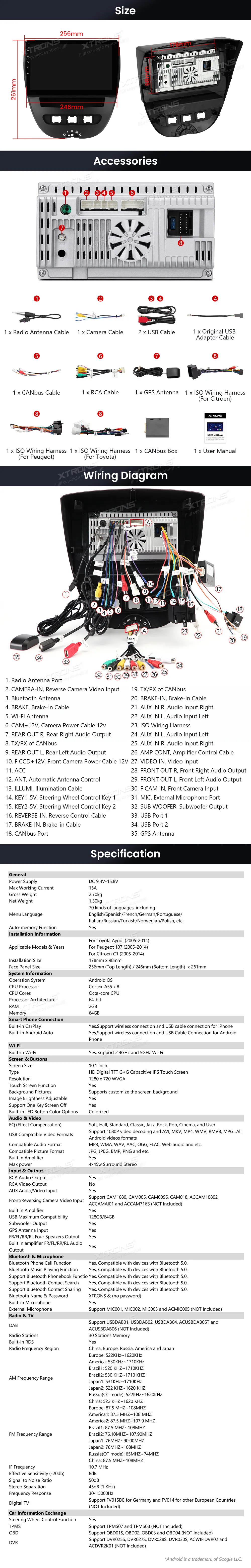 Toyota Aygo / Peugeot 107 / Citroen C1 | Android OS | 10.1 inch | 2GB/64GB/8Core | Multimedija Xtrons IDSP10AGT