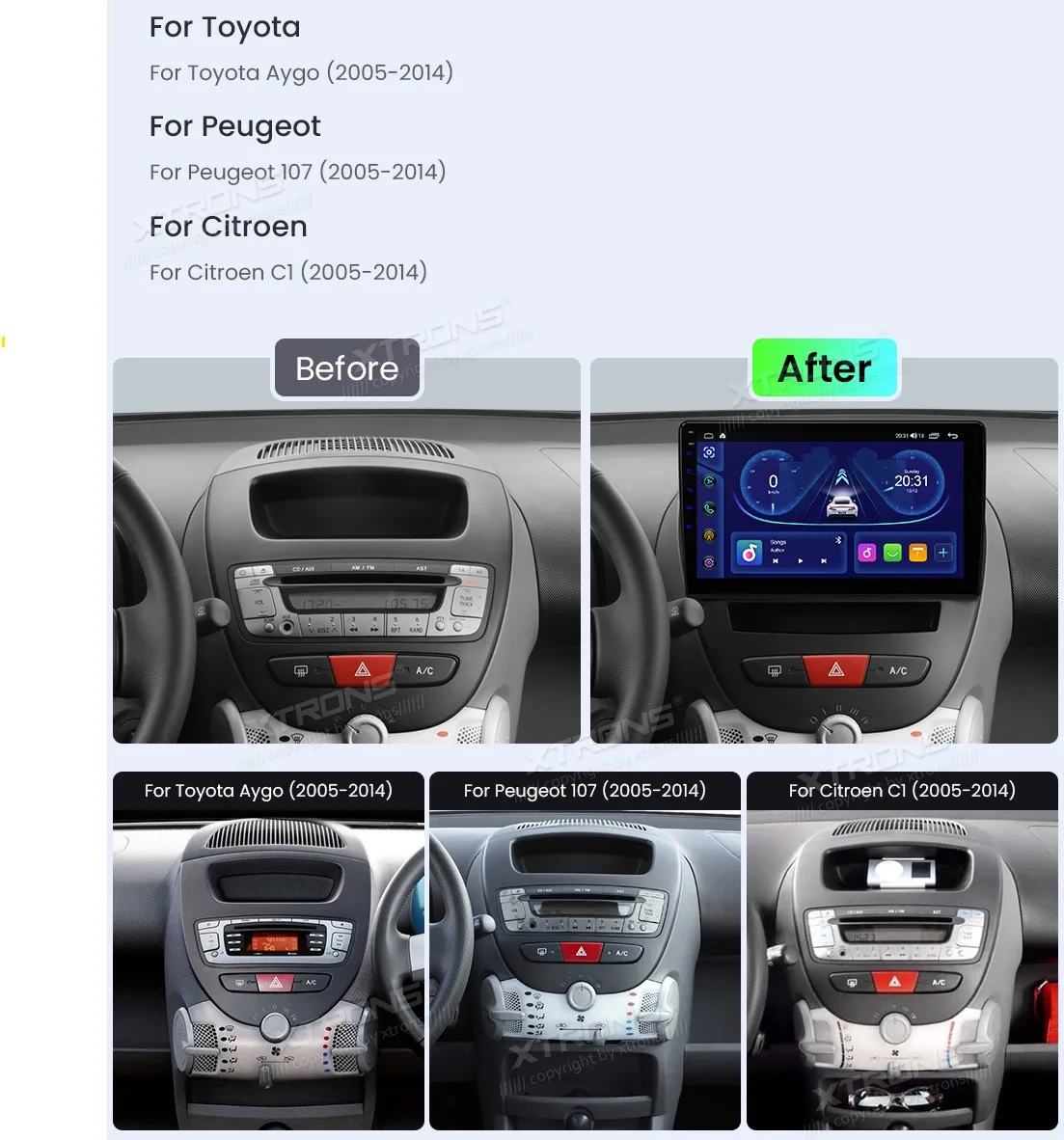 Toyota Aygo / Peugeot 107 / Citroen C1 | Android OS | 10.1 inch | 2GB/64GB/8Core | Multimedija Xtrons IDSP10AGT