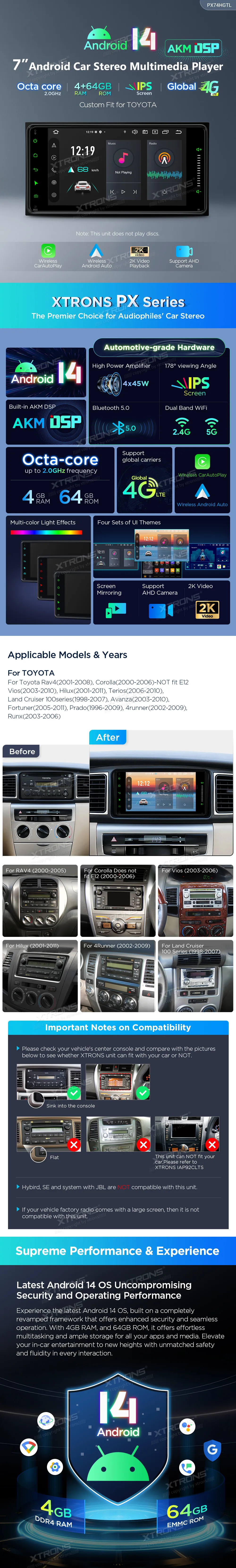 Toyota RAV4 / Corolla / Hilux / 4Runner / Land Cruiser | Android 14 | 7 inch | 4GB/64GB/8Core | Multimedija Xtrons PX74HGTL
