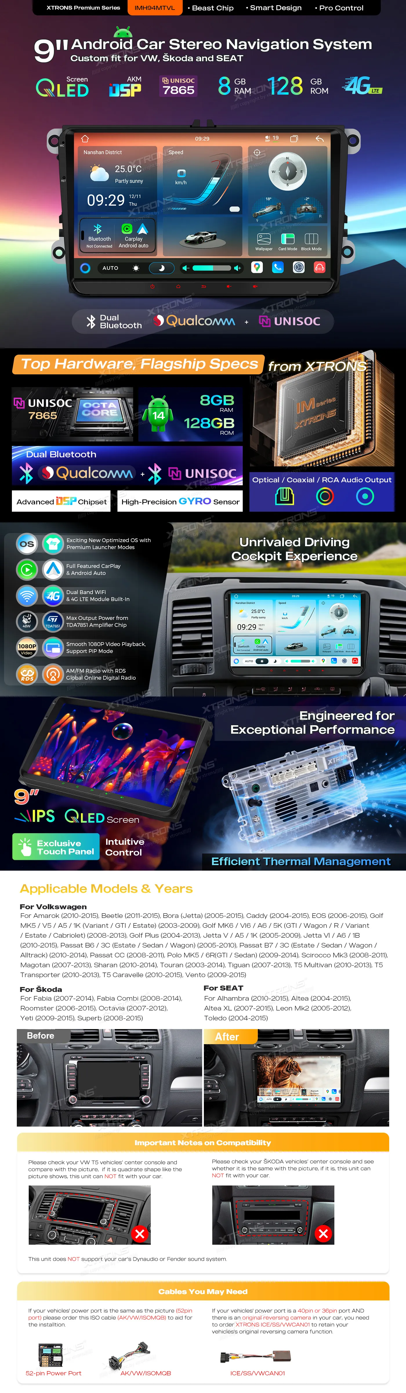 Volkswagen / Škoda / SEAT | Android 14 | 9 inch QLED | 8GB/128GB/8Core | Multimedija Xtrons IMH94MTVL