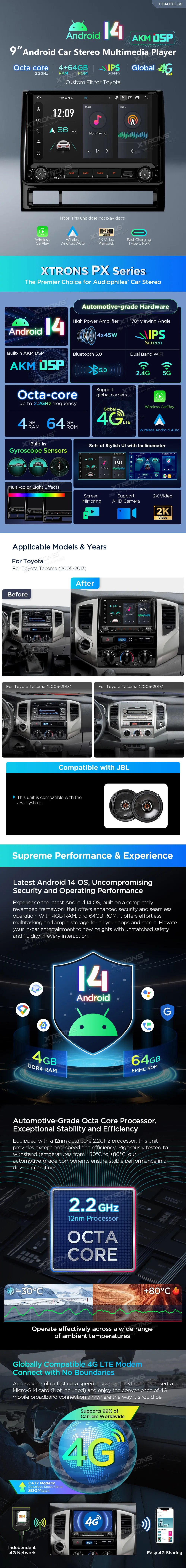 Toyota Tacoma 2005-2013 | Android 14 | 9 inch | 4GB/64GB/8Core | Multimedija Xtrons PX94TCTLGS