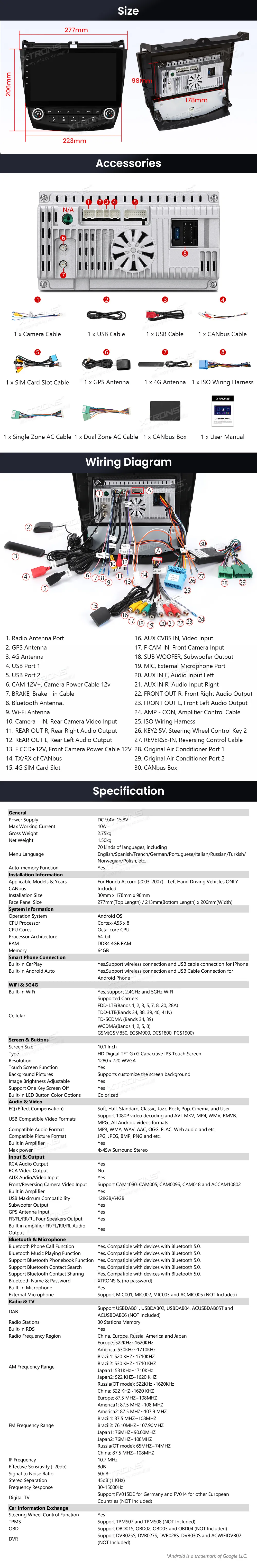 Honda Accord 2003-2007 | Android OS | 10.1 inch | 4GB/64GB/8Core | Multimedija Xtrons IDP10ACHLA