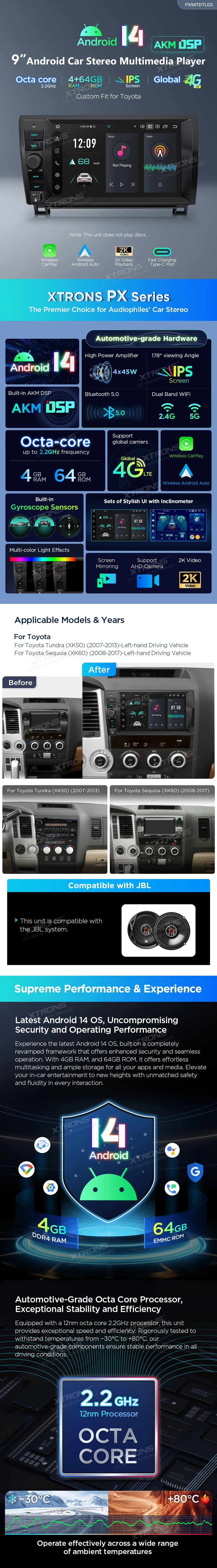 Toyota Tundra / Sequoia 2007-2017 | Android 14 | 9 inch | 4GB/64GB/8Core | Multimedija Xtrons PX94TDTLGS