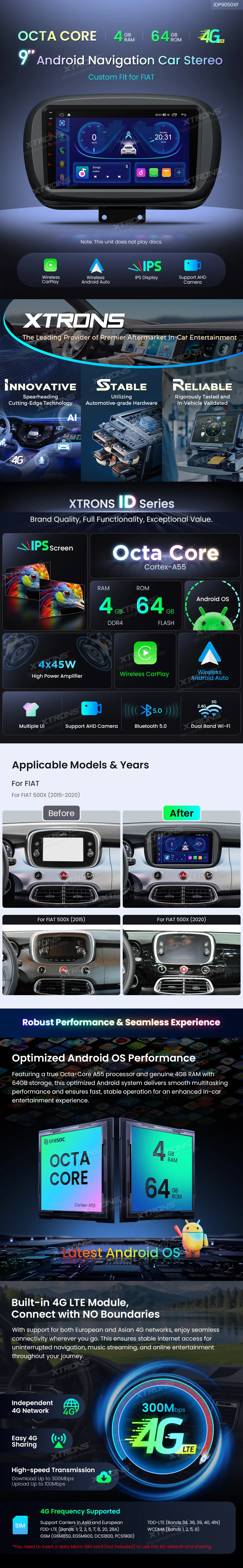 Fiat 500X 2015-2020 | Android OS | 9 inch | 4GB/64GB/8Core | Multimedija Xtrons IDP9050XF