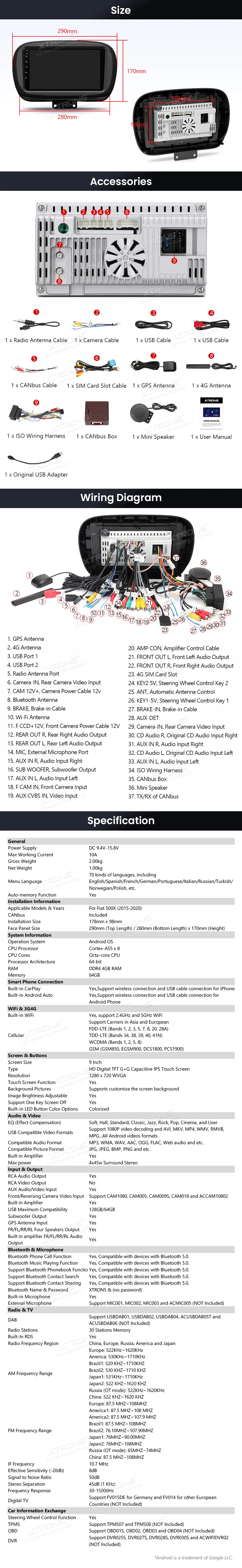 Fiat 500X 2015-2020 | Android OS | 9 inch | 4GB/64GB/8Core | Multimedija Xtrons IDP9050XF