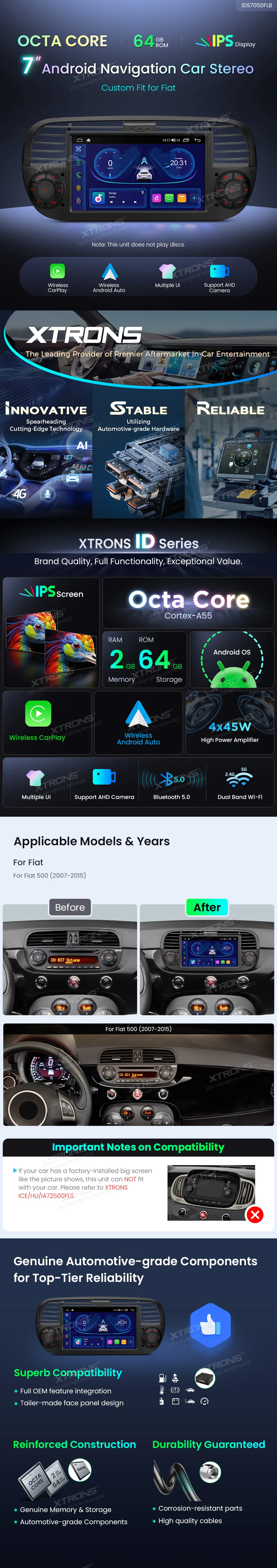 Fiat 500 2007-2015 | Android OS | 7 inch | 2GB/64GB/8Core | Multimedija Xtrons IDS7050FLB