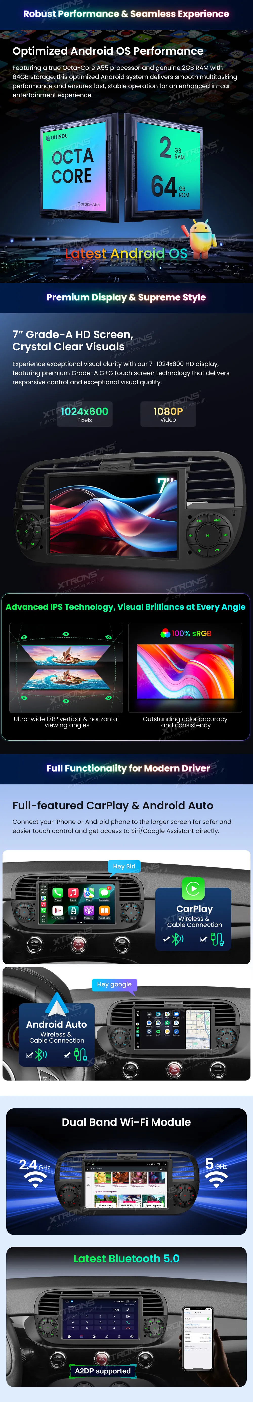 Fiat 500 2007-2015 | Android OS | 7 inch | 2GB/64GB/8Core | Multimedija Xtrons IDS7050FLB