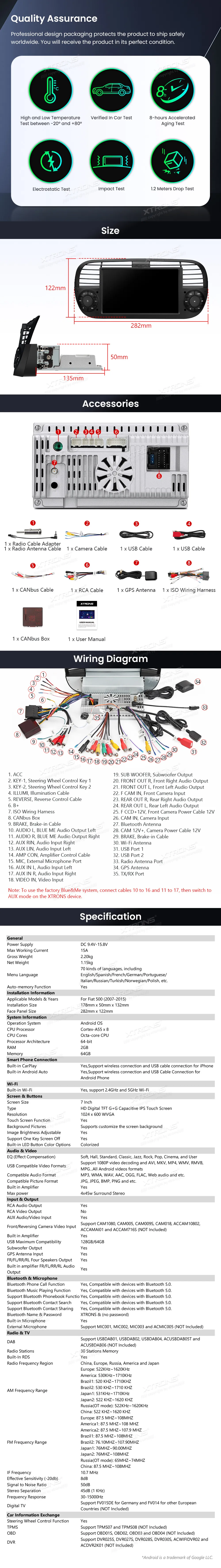 Fiat 500 2007-2015 | Android OS | 7 inch | 2GB/64GB/8Core | Multimedija Xtrons IDS7050FLB