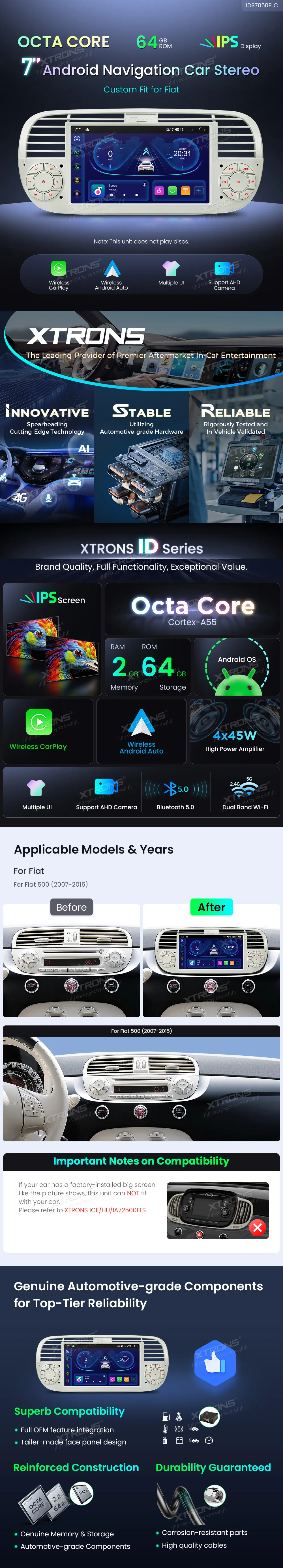 Fiat 500 2007-2015 | Android OS | 7 inch | 2GB/64GB/8Core | Multimedija Xtrons IDS7050FLC