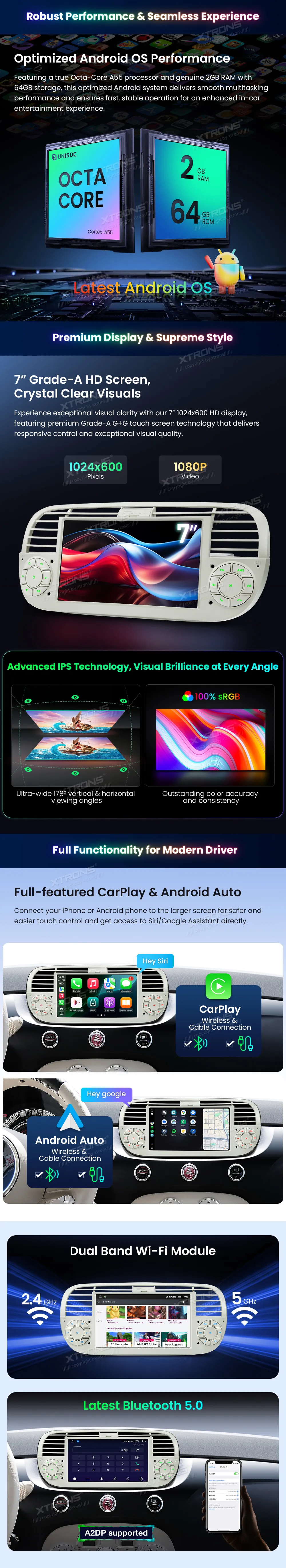 Fiat 500 2007-2015 | Android OS | 7 inch | 2GB/64GB/8Core | Multimedija Xtrons IDS7050FLC