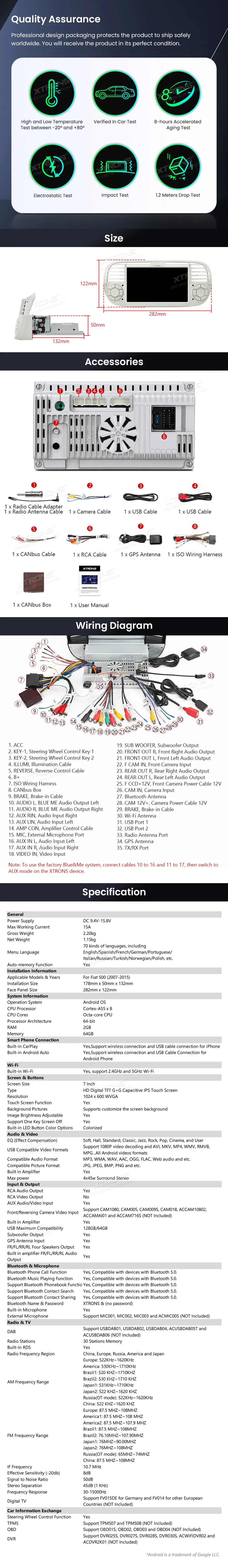 Fiat 500 2007-2015 | Android OS | 7 inch | 2GB/64GB/8Core | Multimedija Xtrons IDS7050FLC