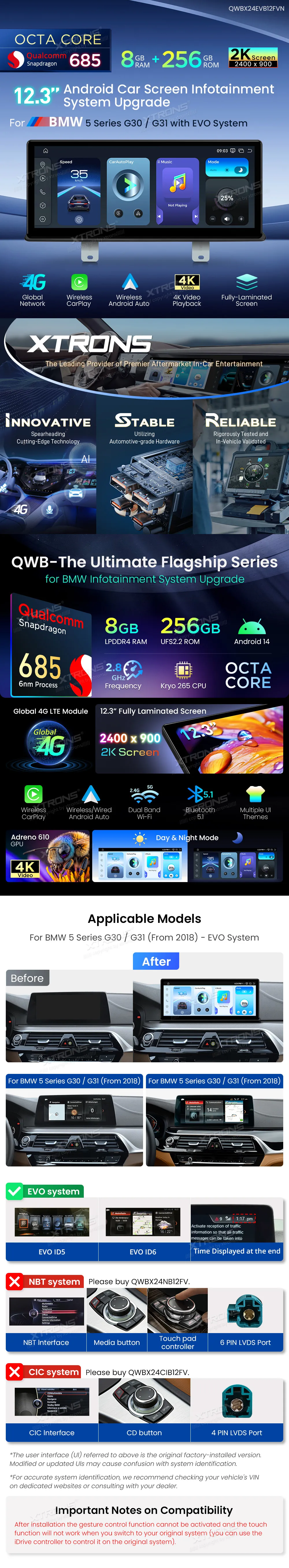 BMW 5 G30 G31 EVO | Android 14 | 12.3 inch | 8GB/256GB/8Core Snapdragon 685 | Multimedija Xtrons QWBX24EVB12FVN