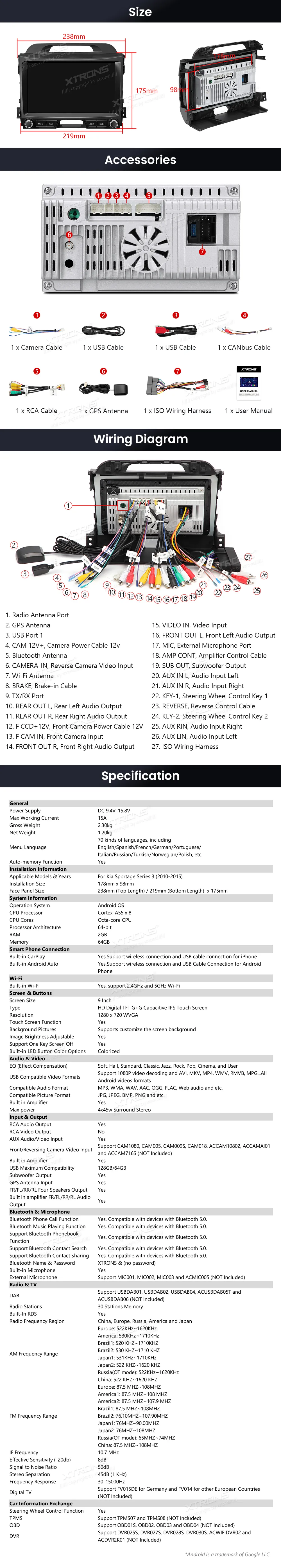Kia Sportage 2010–2015 | Android OS | 9 inch | 2GB/64GB/8Core | Multimedija Xtrons IDSP90SPK