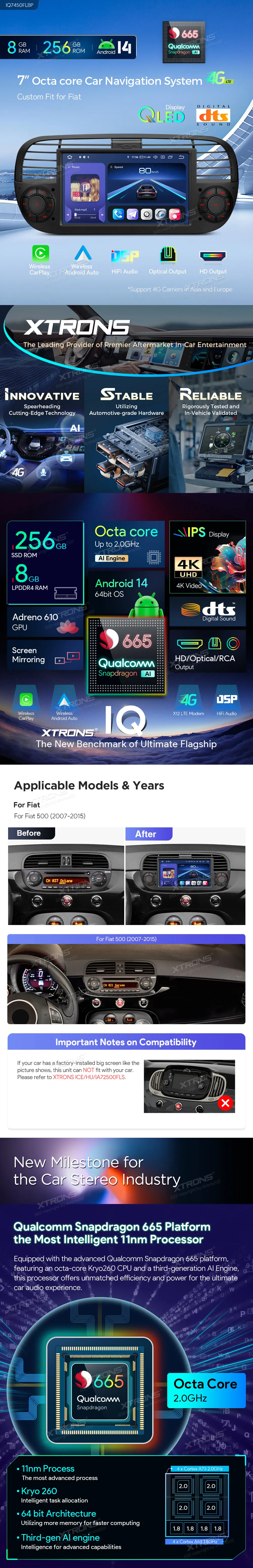 Fiat 500 2007-2015 | Android 14 | 7 inch QLED | 8GB/256GB/8Core Snapdragon 665 | Multimedija Xtrons IQ7450FLBP