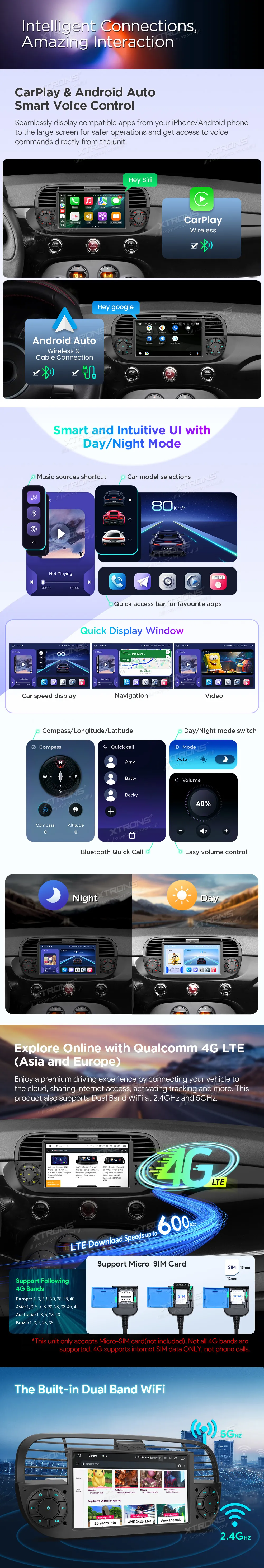 Fiat 500 2007-2015 | Android 14 | 7 inch QLED | 8GB/256GB/8Core Snapdragon 665 | Multimedija Xtrons IQ7450FLBP