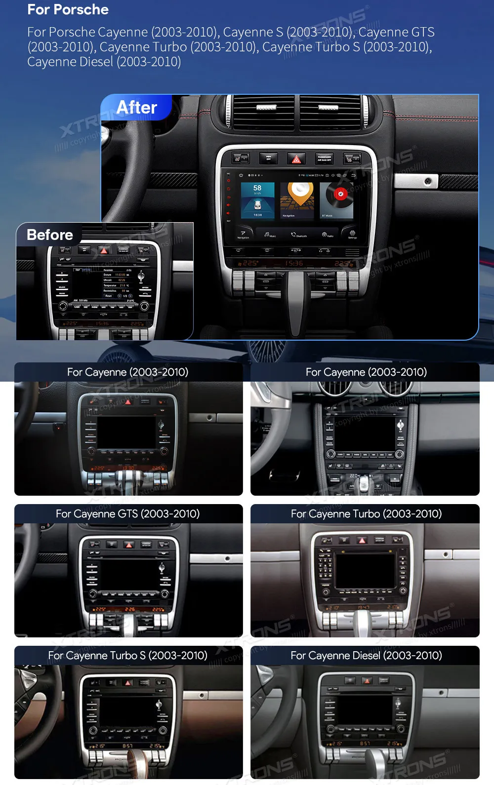 9 colio Android multimedija Porsche Cayenne 2003–2010 su 8GB RAM, 256GB atmintimi, 4G LTE, CarPlay ir DSP garso sistema.