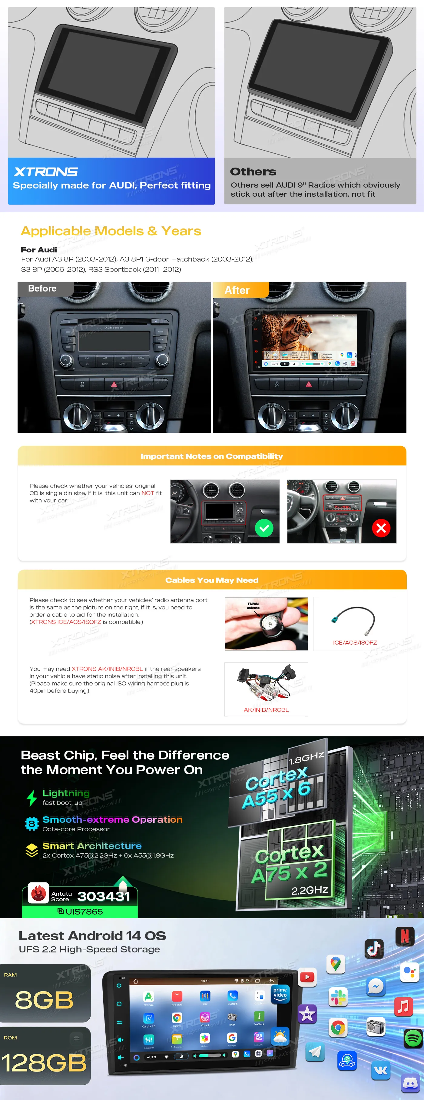 Audi A3 S3 RS3 | Android 14 | 8 inch QLED | 8GB/128GB/8Core | Multimedija Xtrons IMH84A3AL