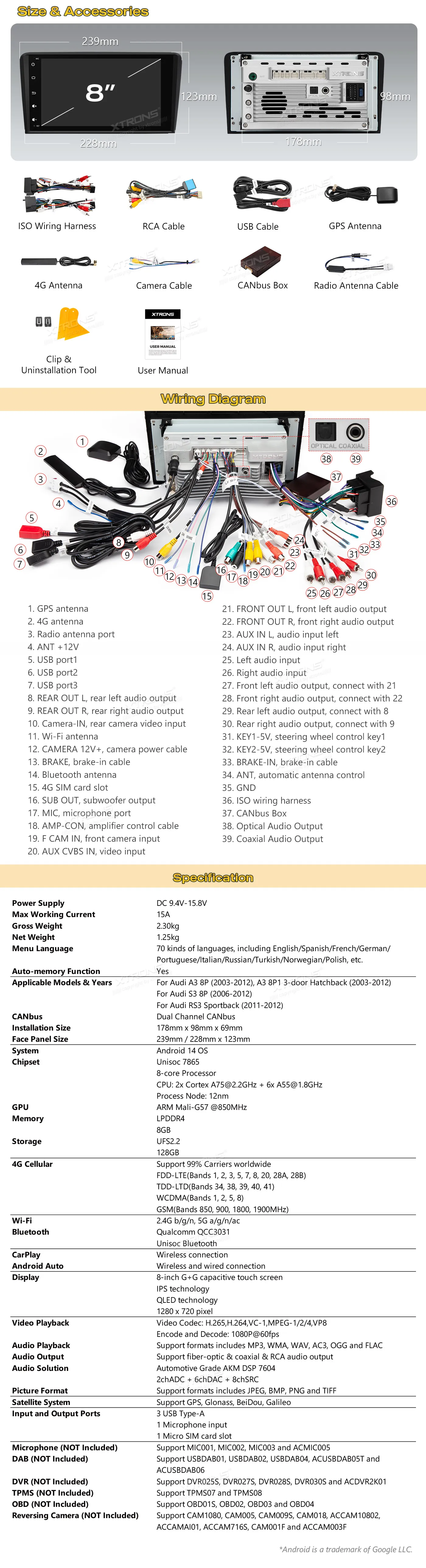 Audi A3 S3 RS3 | Android 14 | 8 inch QLED | 8GB/128GB/8Core | Multimedija Xtrons IMH84A3AL
