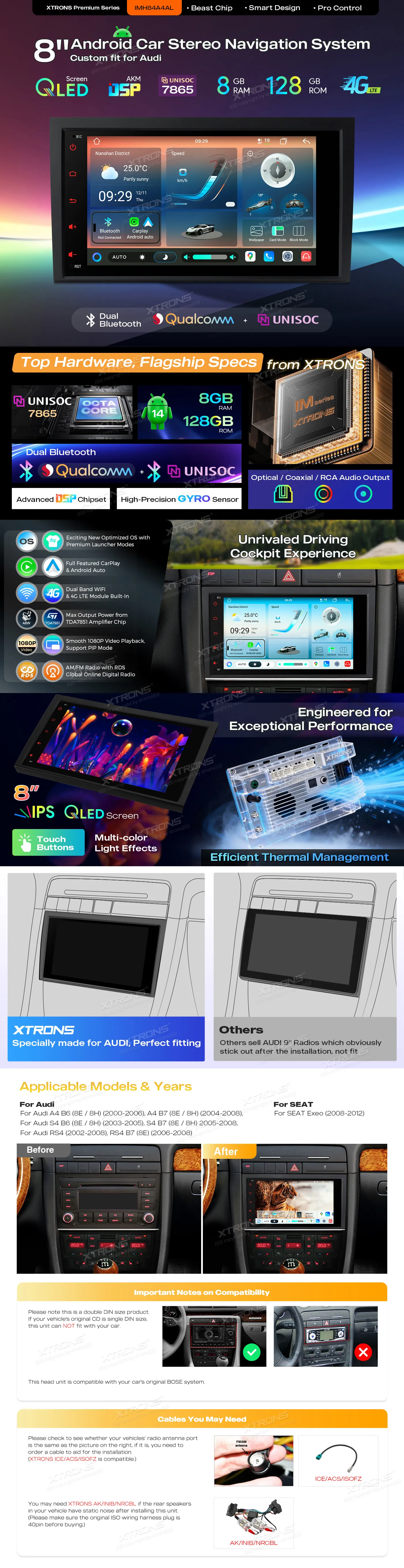 Audi A4 S4 RS4 B6/B7 | Android 14 | 8 inch QLED | 8GB/128GB/8Core | Multimedija Xtrons IMH84A4AL