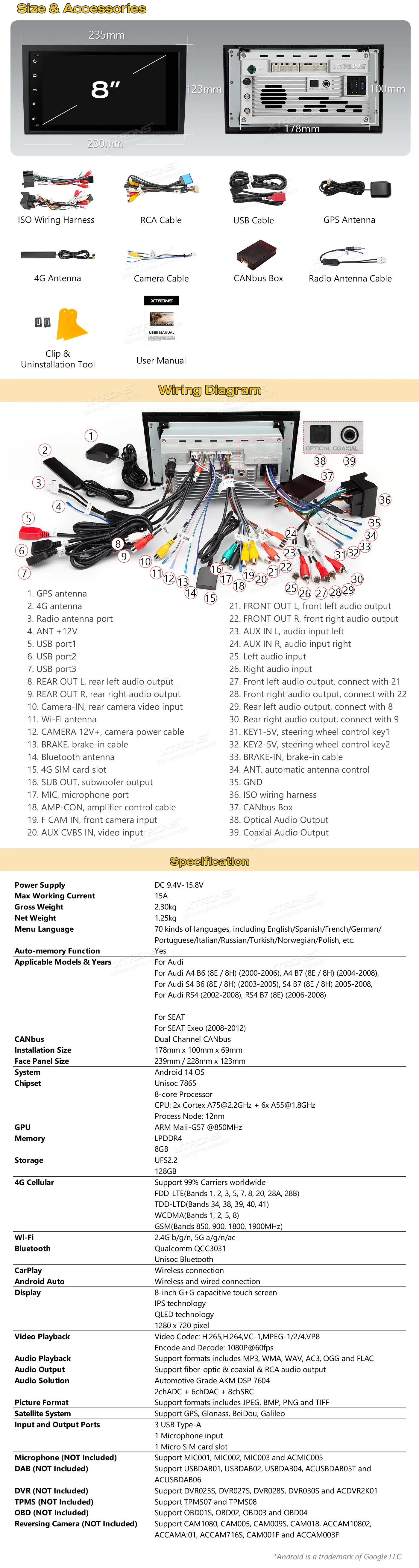 Audi A4 S4 RS4 B6/B7 | Android 14 | 8 inch QLED | 8GB/128GB/8Core | Multimedija Xtrons IMH84A4AL