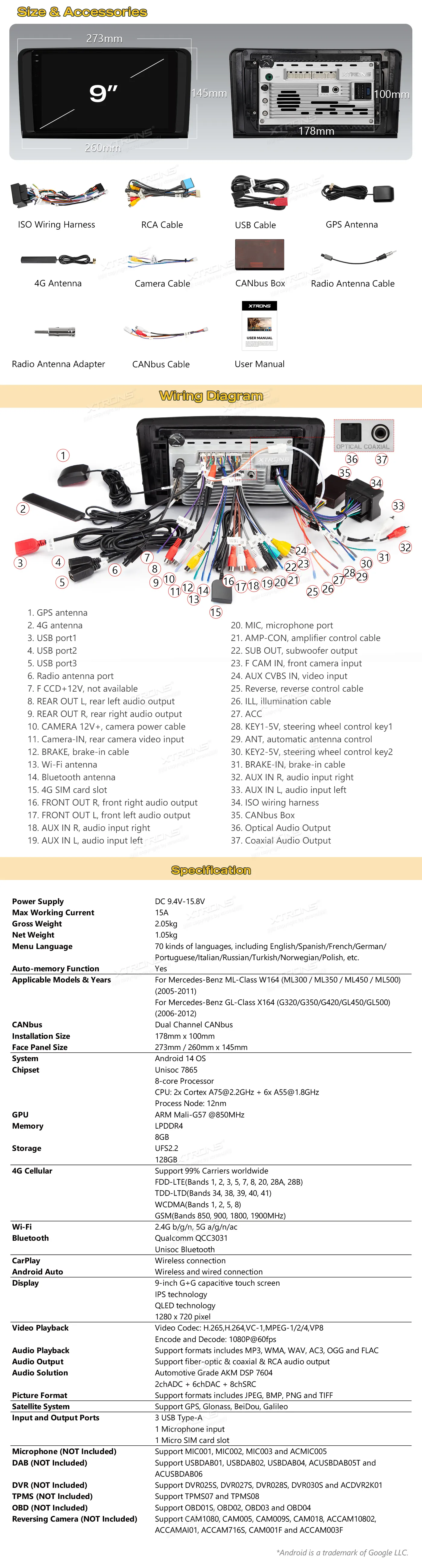 MB ML W164 / GL X164 | Android 14 | 9 inch QLED | 8GB/128GB/8Core | Multimedija Xtrons IMHP94M164