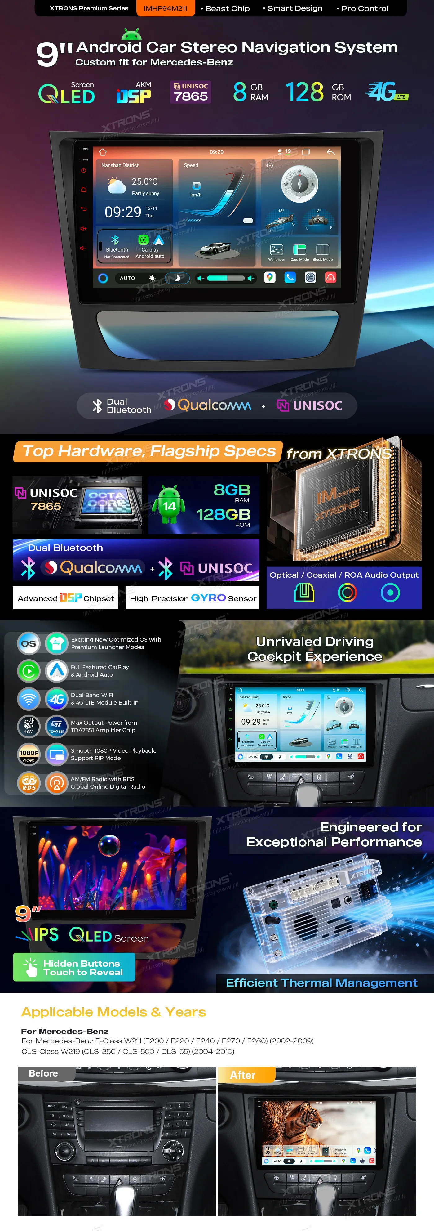 MB E W211 / CLS W219 | Android 14 | 9 inch QLED | 8GB/128GB/8Core | Multimedija Xtrons IMHP94M211