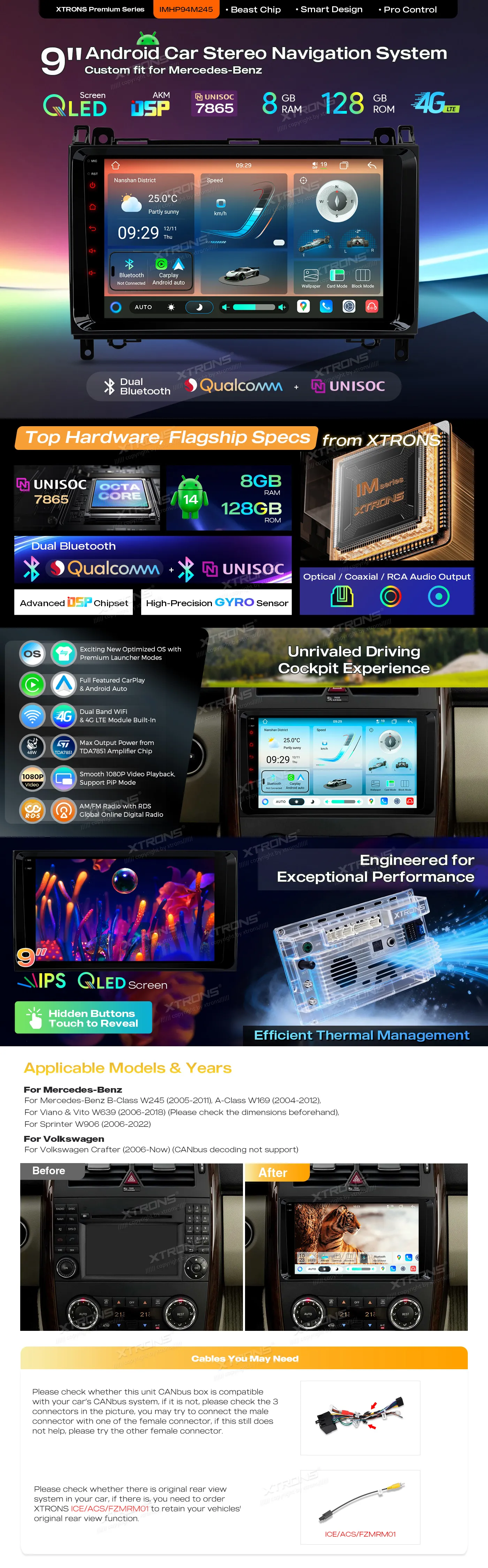 VW Crafter MB A / B / Vito / Sprinter | Android 14 | 9 inch QLED | 8GB/128GB/8Core | Multimedija Xtrons IMHP94M245