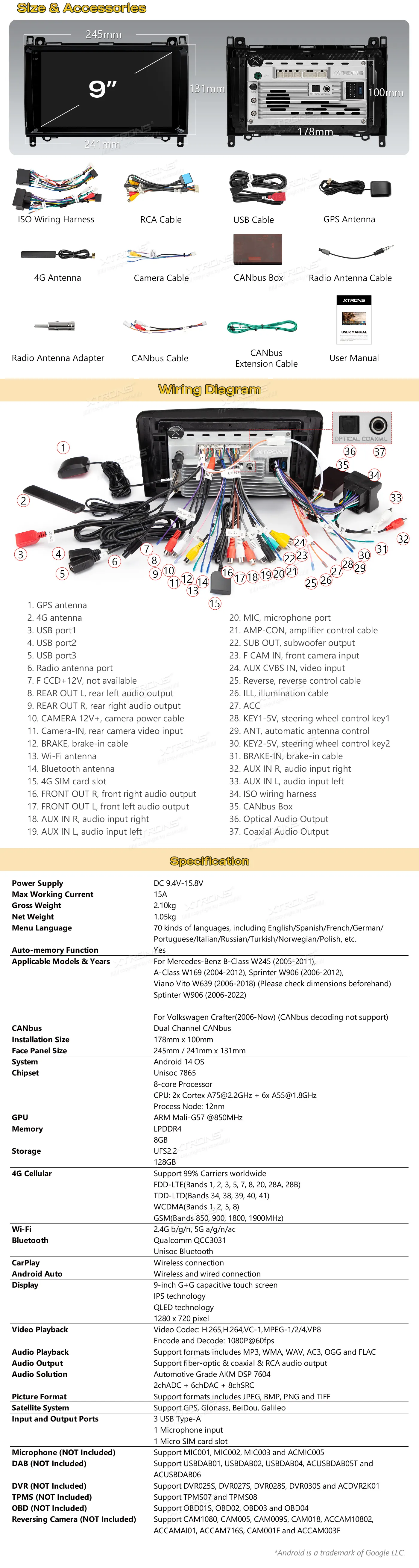 VW Crafter MB A / B / Vito / Sprinter | Android 14 | 9 inch QLED | 8GB/128GB/8Core | Multimedija Xtrons IMHP94M245