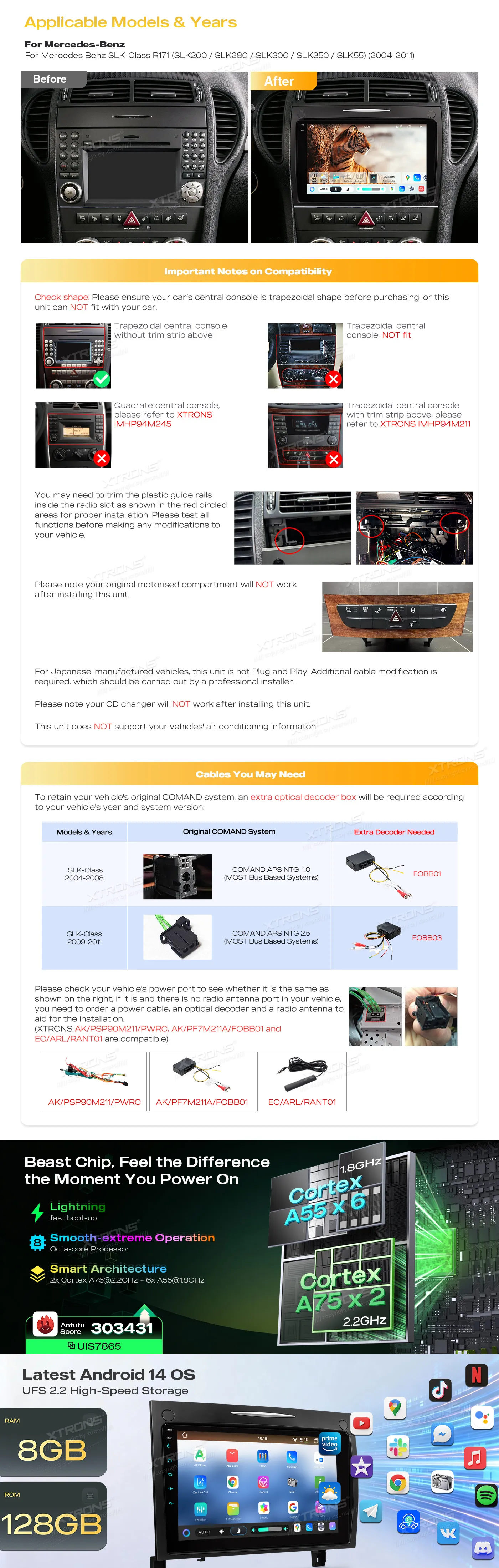 MB SLK R171 2004-2011 | Android 14 | 9 inch QLED | 8GB/128GB/8Core | Multimedija Xtrons IMHP94M350