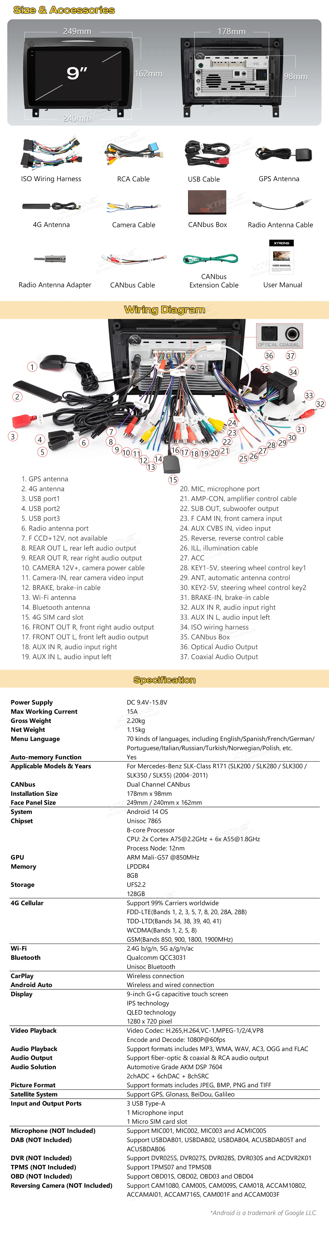 MB SLK R171 2004-2011 | Android 14 | 9 inch QLED | 8GB/128GB/8Core | Multimedija Xtrons IMHP94M350