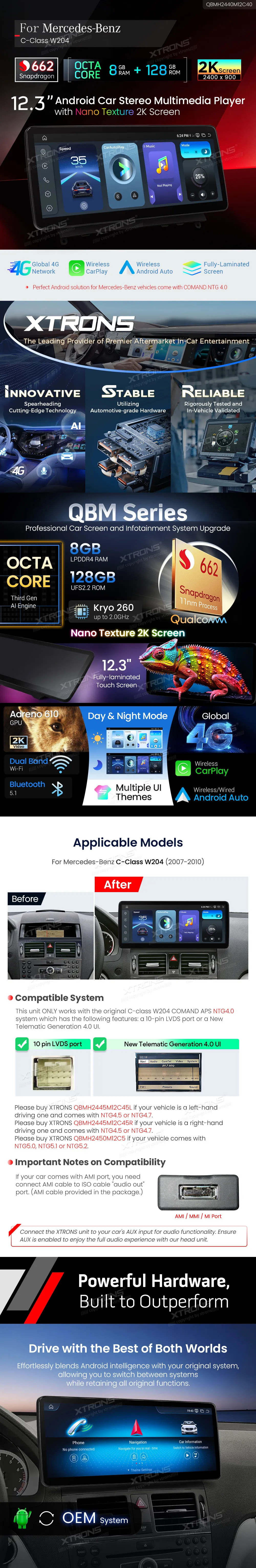 MB C W204 NTG 4.0 | Android OS | 12.3 inch | 4GB/64GB/8Core Snapdragon 662 | Multimedija Xtrons QBMH2440M12C40