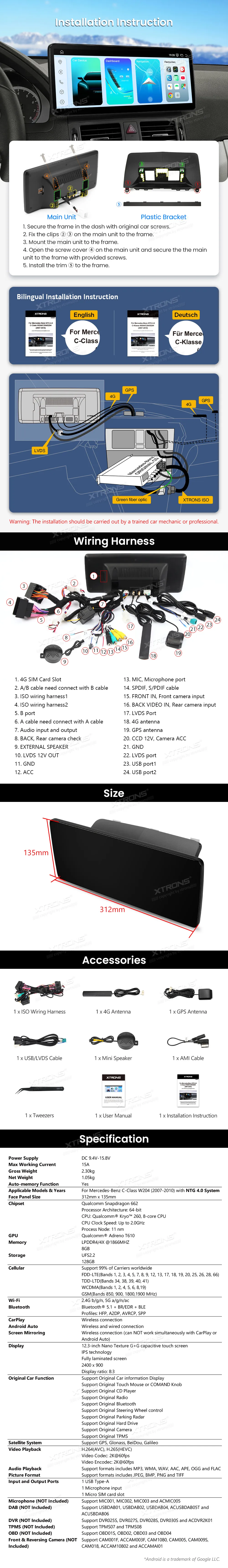 MB C W204 NTG 4.0 | Android OS | 12.3 inch | 4GB/64GB/8Core Snapdragon 662 | Multimedija Xtrons QBMH2440M12C40