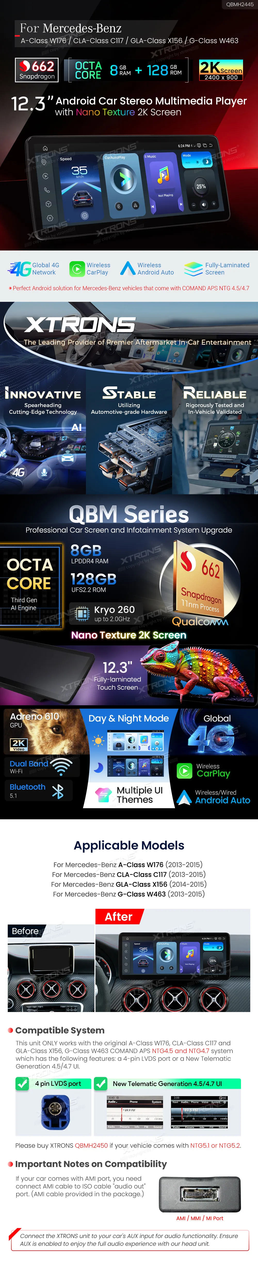 MB A / GLA / CLA / G NTG 4.5/4.7 | Android OS | 12.3 inch | 4GB/64GB/8Core Snapdragon 662 | Multimedija Xtrons QBMH2445