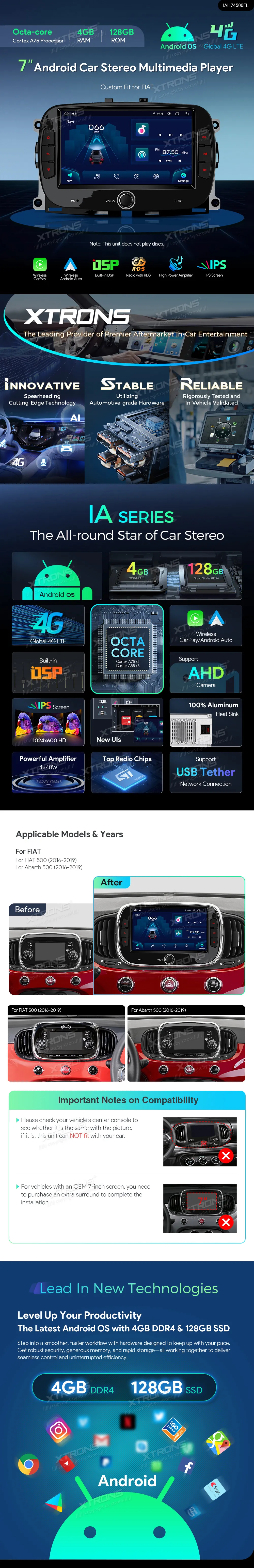 Fiat 500 2016-2019 | Android OS | 7 inch | 4GB/128GB/8Core | Multimedija Xtrons IAH74500FL