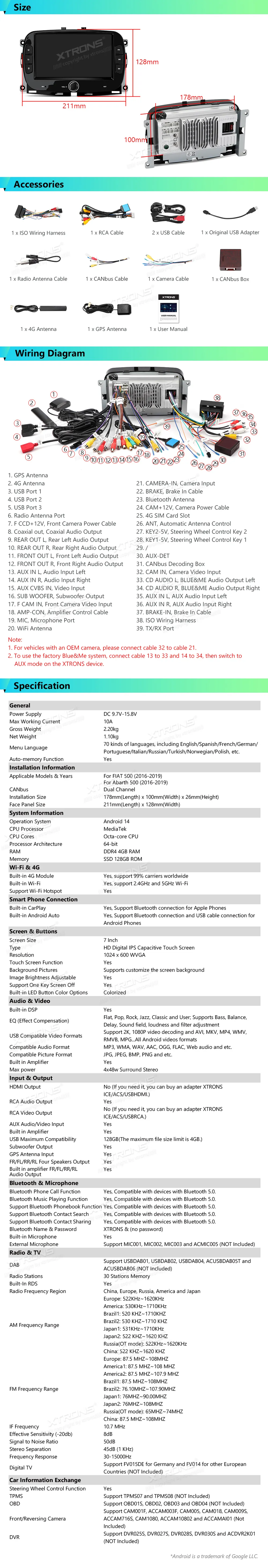 Fiat 500 2016-2019 | Android OS | 7 inch | 4GB/128GB/8Core | Multimedija Xtrons IAH74500FL