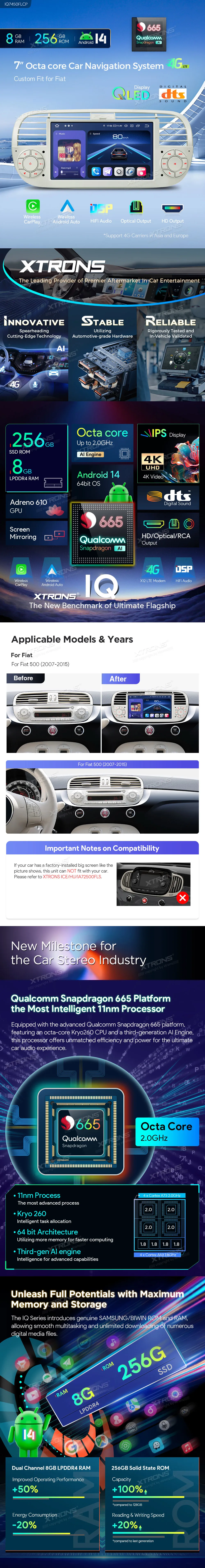 Fiat 500 2007-2015 | Android 14 | 7 inch QLED | 8GB/256GB/8Core Snapdragon 665 | Multimedija Xtrons IQ7450FLCP